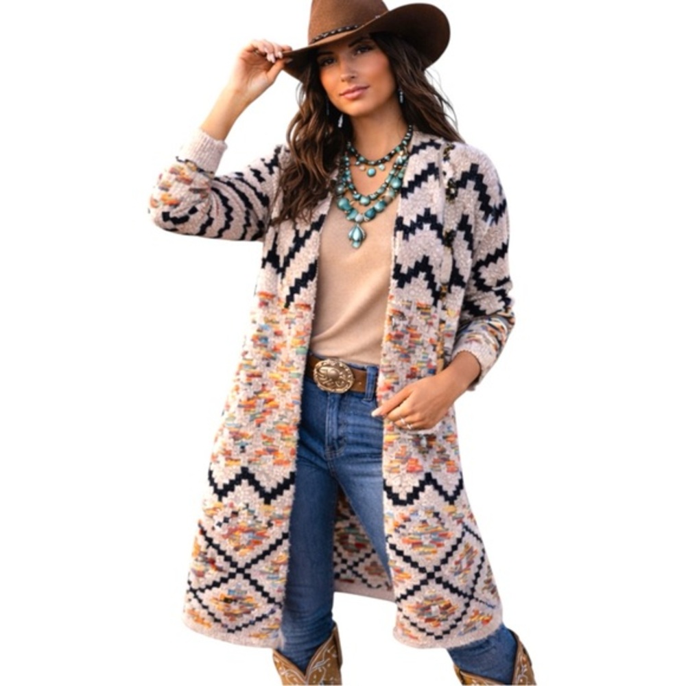 Debut Multicolor Southwestern Aztec Open Front Cardigan Medium Boho Western